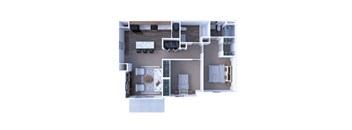 A top-down view of a small apartment with a kitchen, living room, and bathroom.