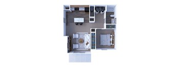A top-down view of a small apartment with a kitchen, living room, and bedroom.