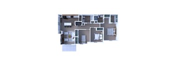 A top-down view of a small apartment with a kitchen, living room, and bedroom.