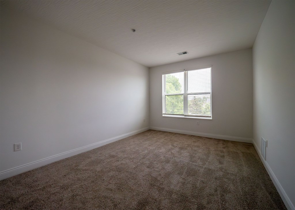 A room with a carpeted floor and a window with blinds.