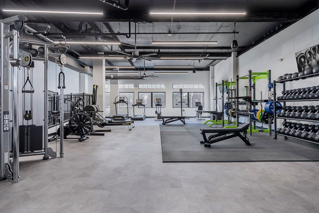 A gym with a variety of equipment including weights and weight machines.