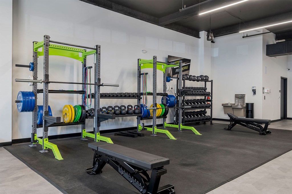 A gym with a bench, weight rack and weights.