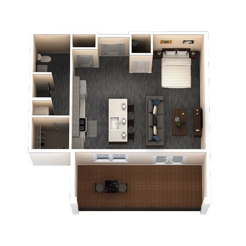 A top down view of a small apartment with a kitchen, living room, and bedroom.