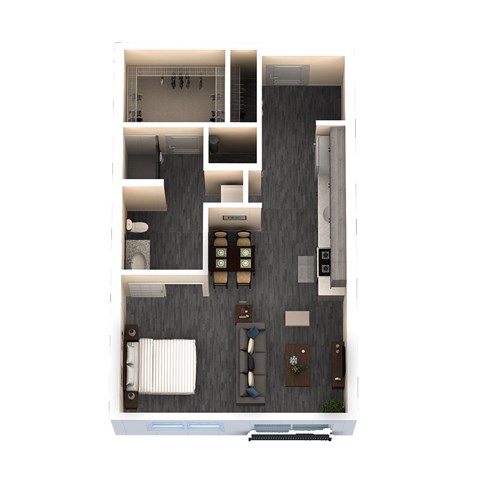 A floor plan of a house with a kitchen, living room, and bathroom.