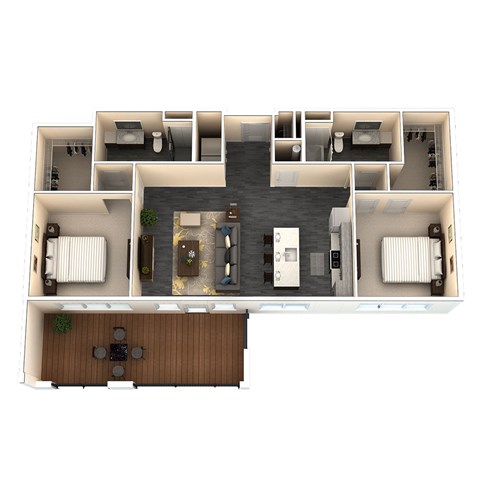 A 3D floor plan of a house with a central hallway and rooms surrounding it.