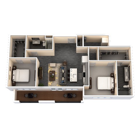A 3D floor plan of a house with a kitchen, living room, and bedrooms.