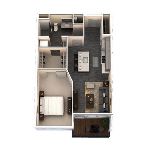 A floor plan of a small apartment with a kitchen, living room, and bathroom.