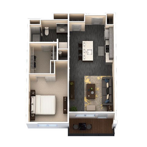 A floor plan of a small apartment with a kitchen, living room, and bathroom.