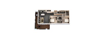 A floor plan of a house with a living room, dining room, kitchen, and two bedrooms.