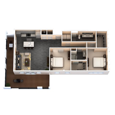 A floor plan of a house with a living room, dining room, kitchen, and two bedrooms.