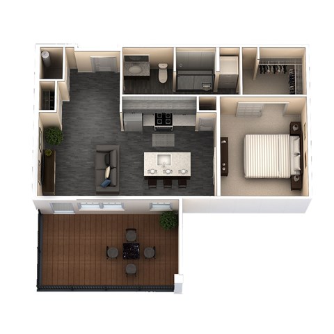 A top-down view of a small apartment with a kitchen, living room, and bathroom.