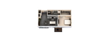A floor plan of a house with a kitchen, living room, dining room, and bathroom.