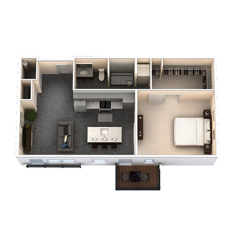 A floor plan of a house with a kitchen, living room, dining room, and bathroom.