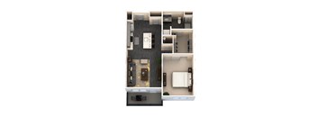 A top-down view of a living room, kitchen, and bedroom.