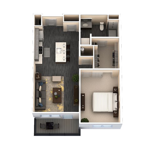 A top-down view of a living room, kitchen, and bedroom.