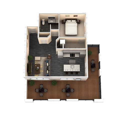 A 3D floor plan of a house with a kitchen, living room, dining room, and bathroom.