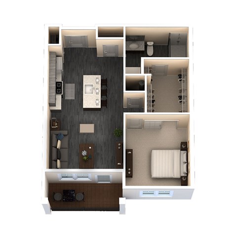A floor plan of a small apartment with a kitchen, living room, and bedroom.