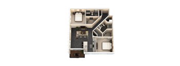 A 3D floor plan of a house showing a living room, kitchen, dining room, and bedrooms.