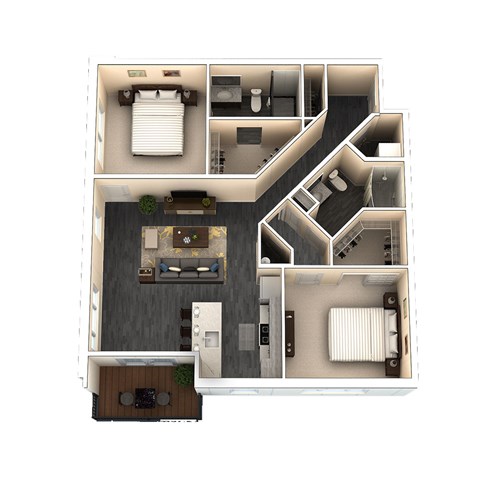 A 3D floor plan of a house showing a living room, kitchen, dining room, and bedrooms.