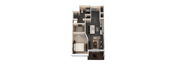 A floor plan of a house with a kitchen, living room, and bathroom.