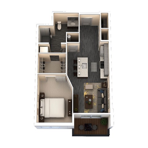 A floor plan of a house with a kitchen, living room, and bathroom.