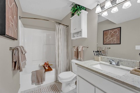 A bathroom with a white toilet, sink, and shower.
