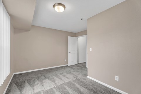A room with a carpeted floor and a doorway leading to another room.