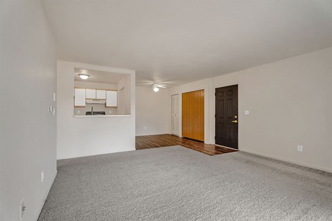 A room with a carpeted floor and a door.