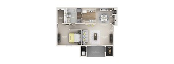 A floor plan of a small apartment with a living room, dining room, kitchen, and bathroom.