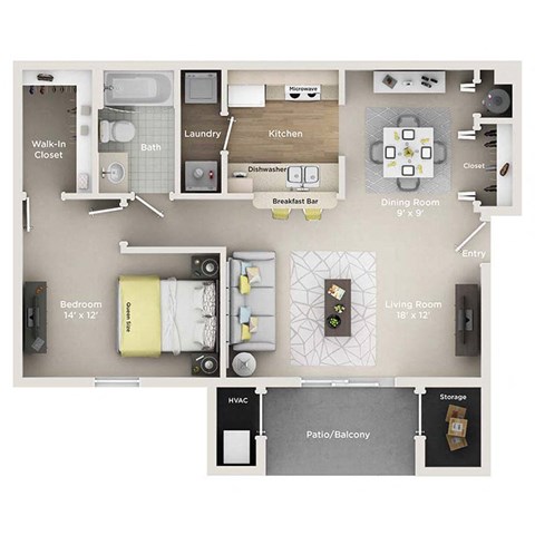 A floor plan of a small apartment with a living room, dining room, kitchen, and bathroom.