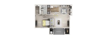 A floor plan of a small apartment with a living room, dining room, kitchen, and bathroom.