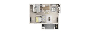 A floor plan of a small apartment with a living room, dining room, kitchen, and bathroom.