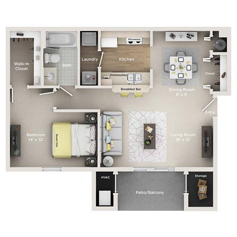 A floor plan of a small apartment with a living room, dining room, kitchen, and bathroom.
