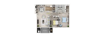 A floor plan of a small apartment with a living room, kitchen, dining room, and bedrooms.