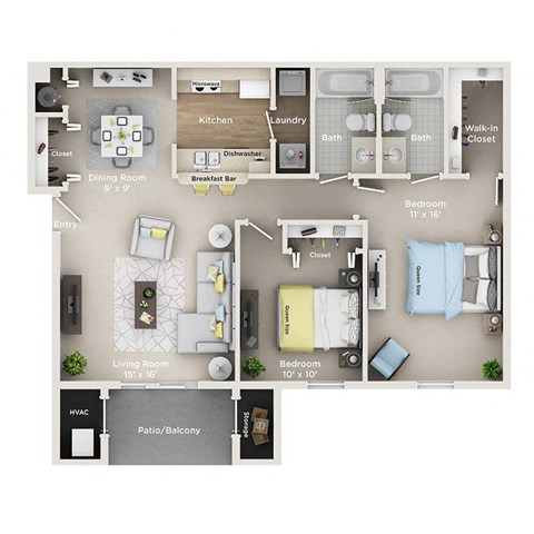 A floor plan of a small apartment with a living room, kitchen, dining room, and bedrooms.