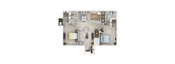 A floor plan of a small apartment with a living room, dining room, kitchen, and two bedrooms.