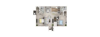 A floor plan of a small apartment with a living room, dining room, kitchen, and two bedrooms.