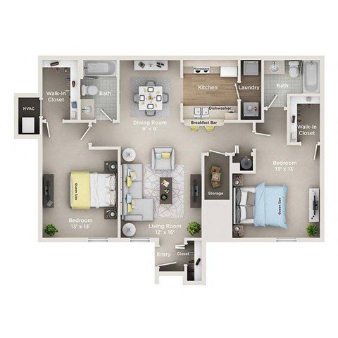 A floor plan of a small apartment with a living room, dining room, kitchen, and two bedrooms.