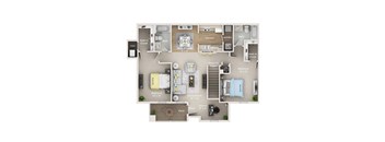 A floor plan of a house with a deck and two bedrooms.