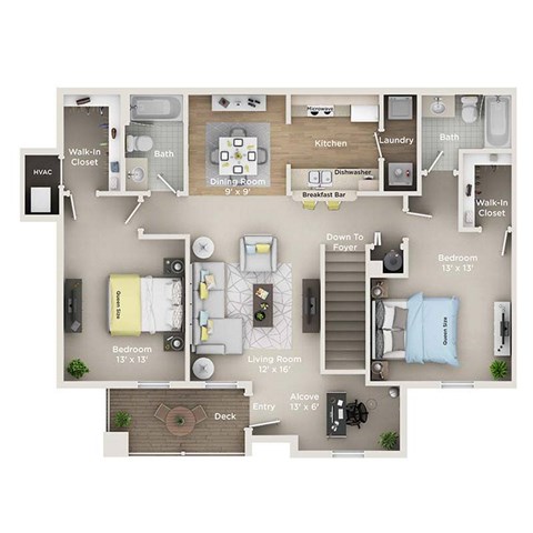 A floor plan of a house with a deck and two bedrooms.