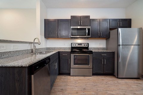 A kitchen with black cabinets and stainless steel appliances.