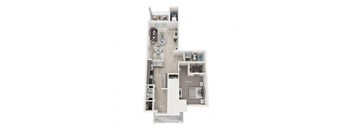 A top-down view of a small apartment layout with a kitchen, living room, and bedroom.