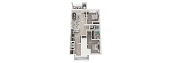 A floor plan of a small apartment with a living room, dining room, kitchen, and two bedrooms.