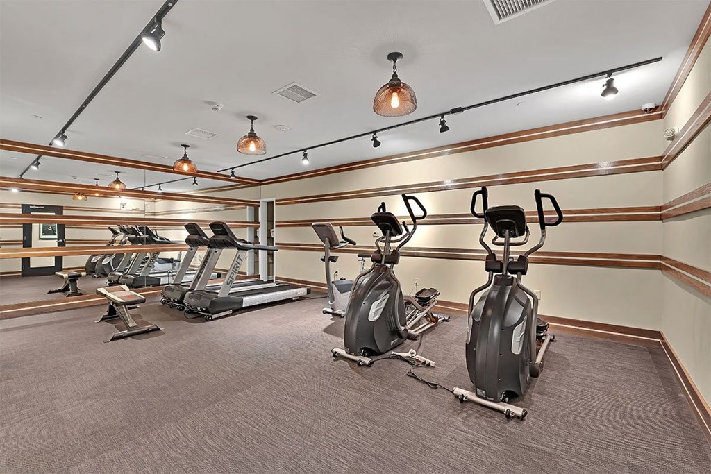 a gym with treadmills and other exercise equipment
