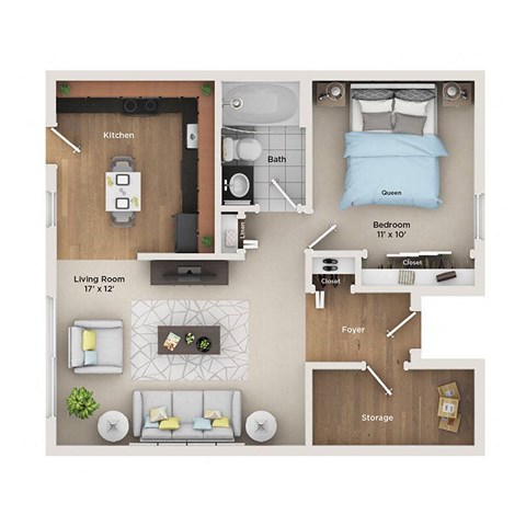 a 2 bedroom floorplan with a bedroom and a living room