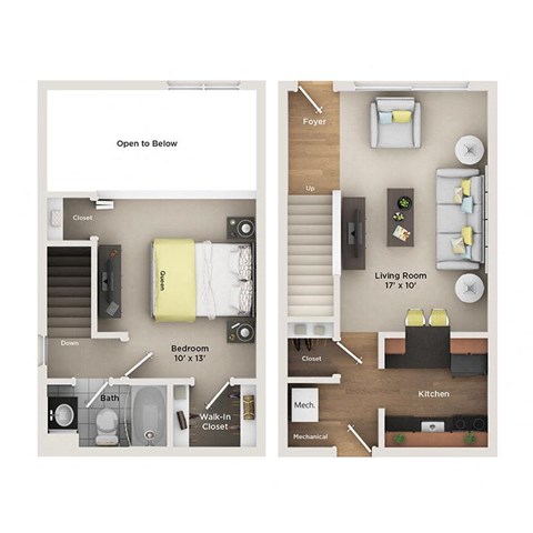a floor plan of a studio apartment with a bedroom and a living room