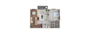 A floor plan of a small apartment with a living room, dining room, kitchen, bedroom, bathroom, and storage closet.