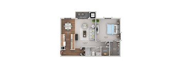 A floor plan of a small apartment with a living room, dining room, kitchen, bedroom, bathroom, and storage closet.