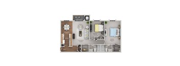 A floor plan of a small apartment with a living room, dining nook, kitchen, and two bedrooms.