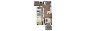 A floor plan of a house with a living room, dining room, kitchen, and bathroom.